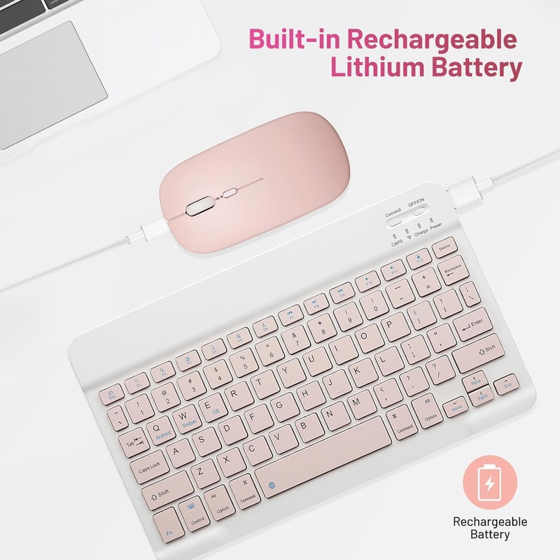 Guiheng Bluetooth Keyboard and Mouse Combo Rechargeable Portable Wireless Keyboard Mouse Set for Apple iPad iPhone iOS 13 and Above Samsung Tablet Phone Smartphone Android Windows (10 inch Pink) - Image 4